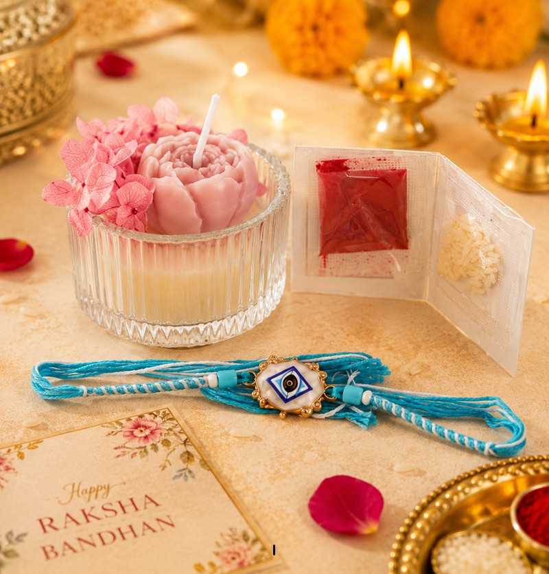 Evil Eye Rakhi with Luxury Rose Flower Soy Wax Candle