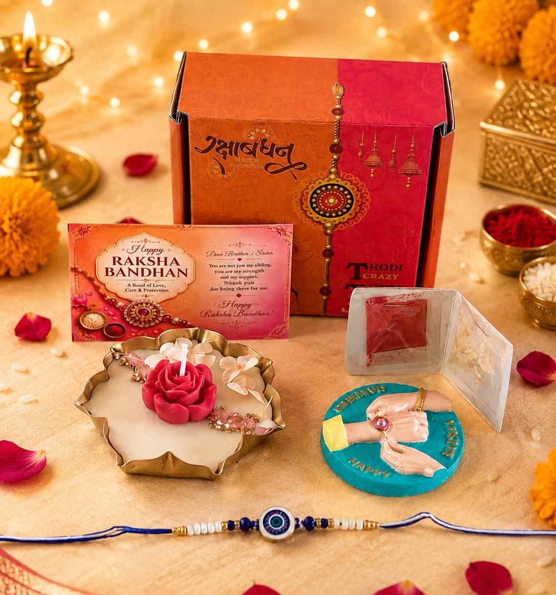 Evil Eye Rakhi with Luxury Rose Urli Candle